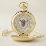 Antike romantische Rose und Filigree Taschenuhr<br><div class="desc">Gemeiner Haufen von rosa antiken Rose in goldgravierten filigranen Rahmen auf neutralem handwerklichem französischem Postkartentypografie-Hintergrund mit optionalen Imitaten goldenen römischen Ziffern.</div>