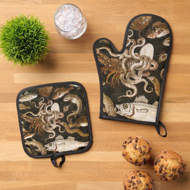 Antike römische Mosaik Pompeii Sea Life Steinmosai Ofenhandschuh & Topflappen-Set (Oben Unten)
