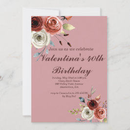 Antike rosa Aquarellfarben Rose 40. Geburtstag Einladung