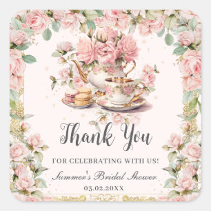 Antike rosa Blumen Hochzeitstee-Party Brautdusche Quadratischer Aufkleber