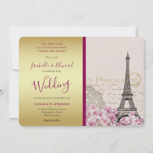 Antike rosa Blüten Eiffelturm Gold & Burgund Einladung