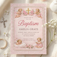 Antike rosa Cherubim und Rosen Tauf-Einladung