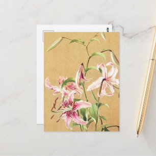 Antike rosa orientalische Lilie botanische Blumenk Postkarte