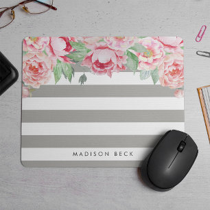 Antike rosa Pfingstrose & Greige-Taupe-Streifen Mousepad