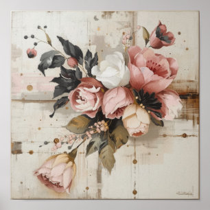 Antike rosa Pfingstrose-Rosen-Blumenstrauß Poster