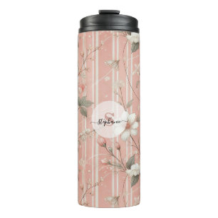 Antike rosa Rose auf gestreiftem rosa Hintergrund Thermosbecher