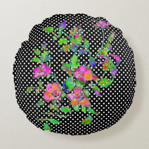 Antike rosa Rose mit schwarzen/weißen Punkten Rundes Kissen