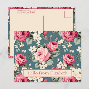Antike rosa Rosen auf tiefem Blau Postkarte