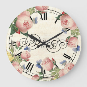 Antike rosa Rosen und blaue Schmetterlinge Große Wanduhr