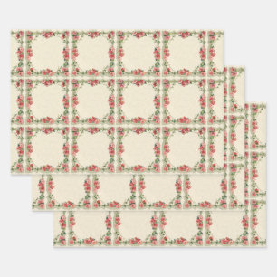 Antike rosa Rosen und Blumen, viktorianische Hochz Geschenkpapier Set