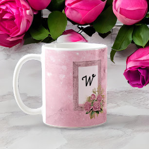 Antike rosa Rosen und shabby chic gerahmte Initial Kaffeetasse