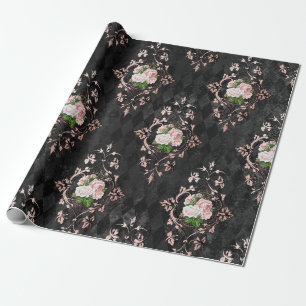 Antike rosafarbene Rosen und schwarzes Harlekin-Mu Geschenkpapier