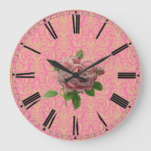 Antike Rose auf rosa-goldener Damast Große Wanduhr