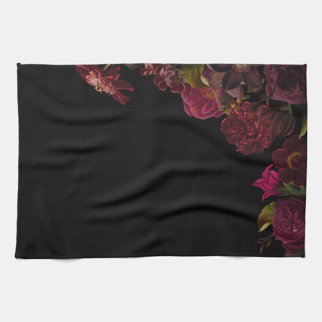 Antike Rose Blume auf schwarz Geschirrtuch (Horizontal)