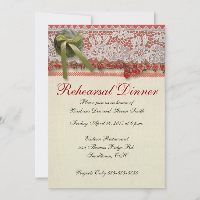 Antike Rose Rustikale rote Viktorianische Burlap Einladung (Vorderseite)