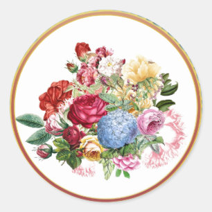 Antike Rose und Hortensie Botanisch / Goldrand Runder Aufkleber