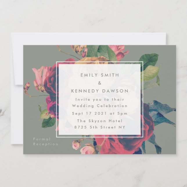 Antike Rose Vintage Moosgrüne Hochzeit Einladung (Vorderseite)