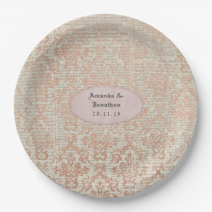 Antike Roségold-Damask-Schabby-Chic-Hochzeit Pappteller