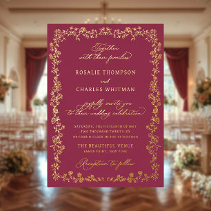 Antike Rosen Burgund Floral Rahmen Hochzeit Folieneinladung