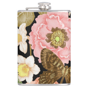 Antike Rosen Pfingstrosen: Schwarzes Blumenmuster Flachmann