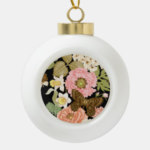 Antike Rosen Pfingstrosen: Schwarzes Blumenmuster Keramik Kugel-Ornament