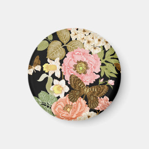 Antike Rosen Pfingstrosen: Schwarzes Blumenmuster Magnet