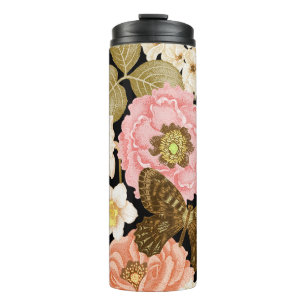 Antike Rosen Pfingstrosen: Schwarzes Blumenmuster Thermosbecher
