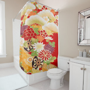 Antike Rot Weiß Japanischer Kimono Blume Duschvorhang