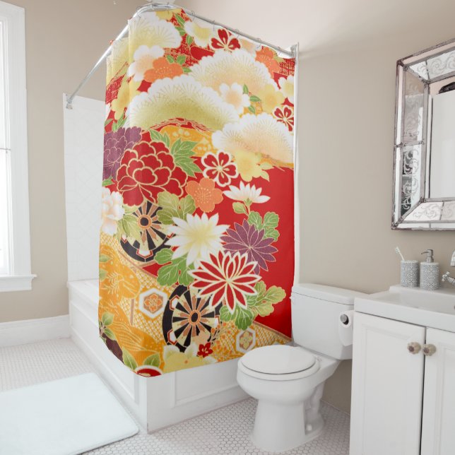 Antike Rot Weiß Japanischer Kimono Blume Duschvorhang (Beispiel)