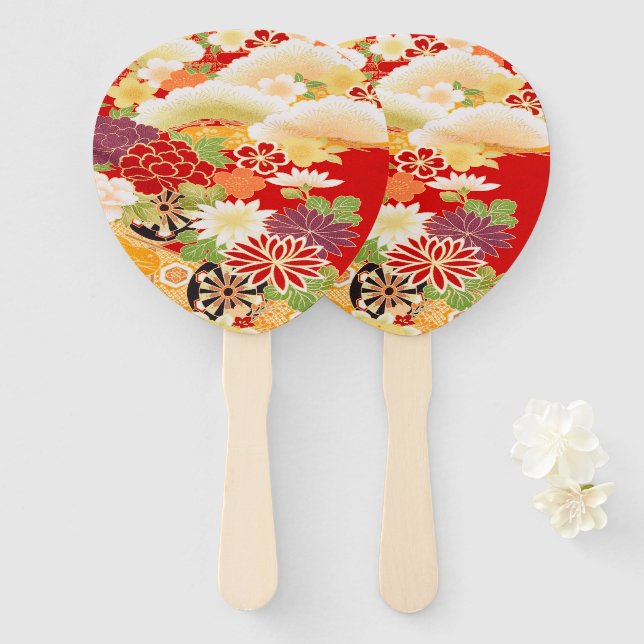 Antike Rot Weiß Japanischer Kimono Blume Fächer (Vorne und Hinten)
