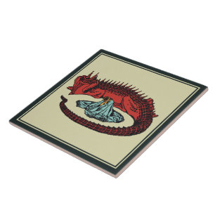 Antike Rote Dunkelgrüne Drachen-Lady Art Nouveau Fliese