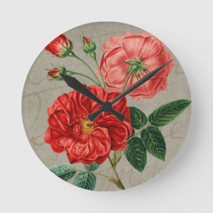 Antike rote Rose-Kunst auf Grau Runde Wanduhr
