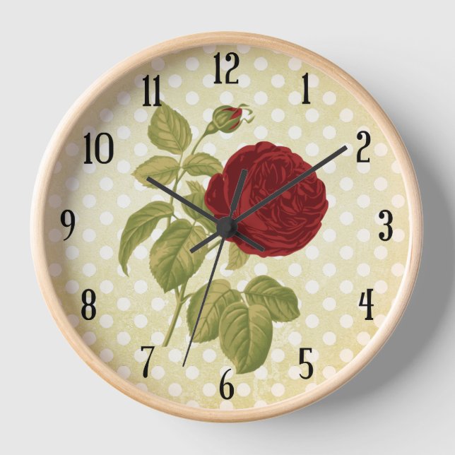 Antike Rote Rose Pergament Polka Dots Wanduhr (Vorderseite)