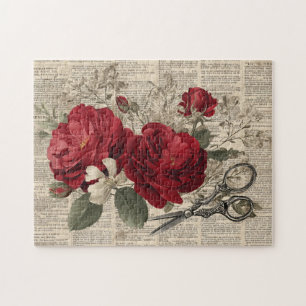 Antike rote Rose und Schere Botanischer Collage