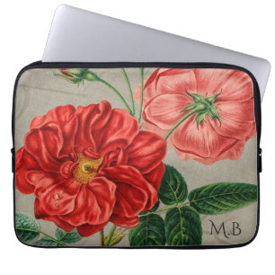 Antike rote Rosenkunst auf grauem Monogramm Laptopschutzhülle