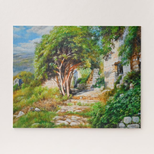 Antike Ruinen mit sonnenbeleuchtetem Baum - Ölgemä (Horizontal)