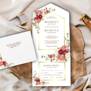 Antike rustikale botanische Blumenstrauß-Hochzeit All In One Einladung
