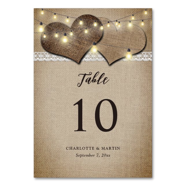 Antike Rustikale Jute-Spitze-Lichterkette Hochzeit Tischnummer (Vorderseite)