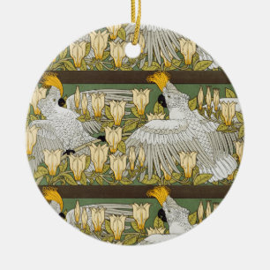 Antike Sage-Grün-Cockatoo-Papageien-Magnolien-Kuns Keramik Ornament