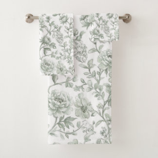 Antike Sagegrüne Toile-De-Jouy-Aquarell-Blumen Badhandtuch Set