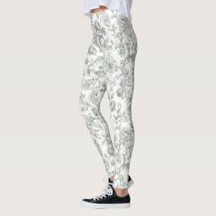 Antike Sagegrüne Toile-De-Jouy-Wasserfarben-Blumen Leggings