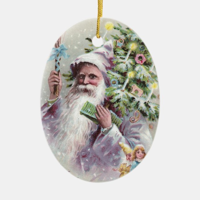 Antike Sankt im lila Mantel mit Weihnachtsbaum Keramikornament (Vorne)