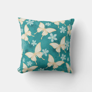 Antike Schmetterling- und Blumen-Teal-Kissen Kissen