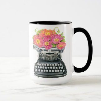 Antike Schreibmaschine mit fröhlichen und farbenfr Tasse
