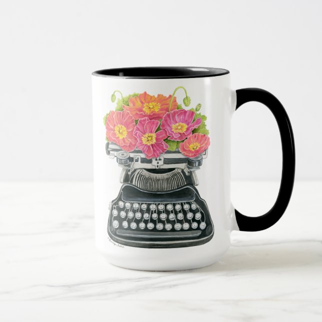Antike Schreibmaschine mit fröhlichen und farbenfr Tasse (Rechts)