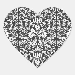 Antike Schwarz-Weiß-Damask-Lace-Brokat Herz-Aufkleber