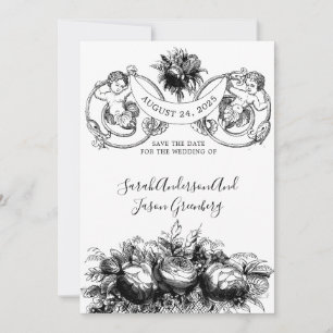 Antike Schwarz-Weiß-Feder-Tinte Florale Cupidos Save The Date
