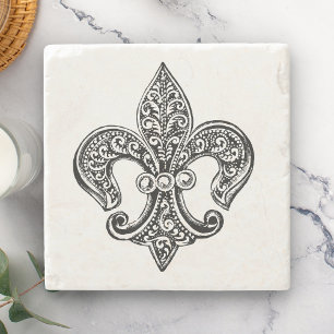 Antike Schwarz-Weiß-Lace-Fleur-de-Lis Steinuntersetzer