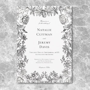 Antike Schwarz-Weiß-Tapete Florale Hochzeit Einladung