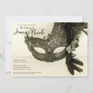 Antike schwarze Feder-Maskenball-Maske Beige Hochz Einladung